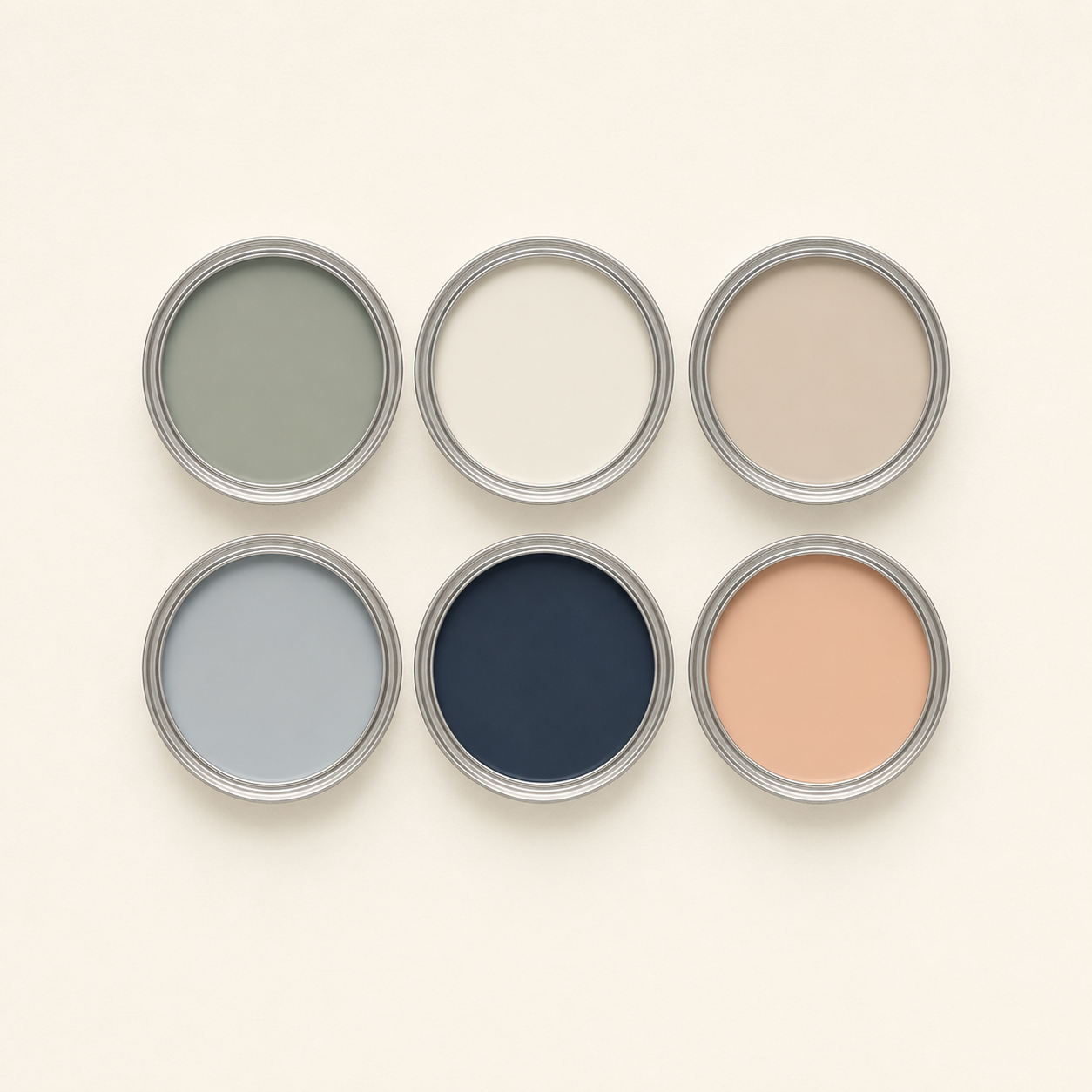 Six open paint cans in a compact three-by-two palette mark